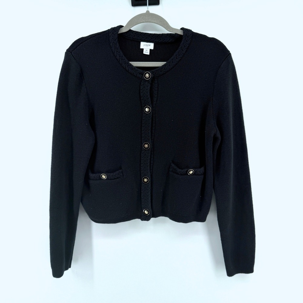 J.Crew Cardigan Lady Jacket Gold Button Medium Black Womens Cotton Sweater